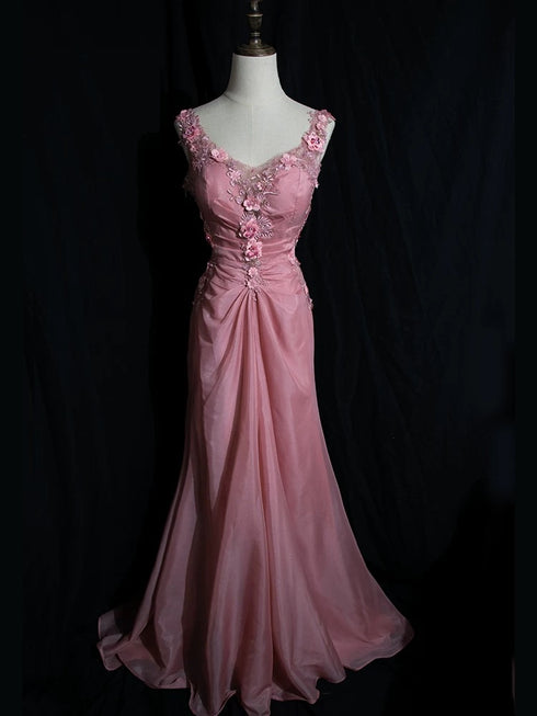 Blush Pink Evening Gown - Embellished Floral Dress - Romantic Lace Low back Evening Dress